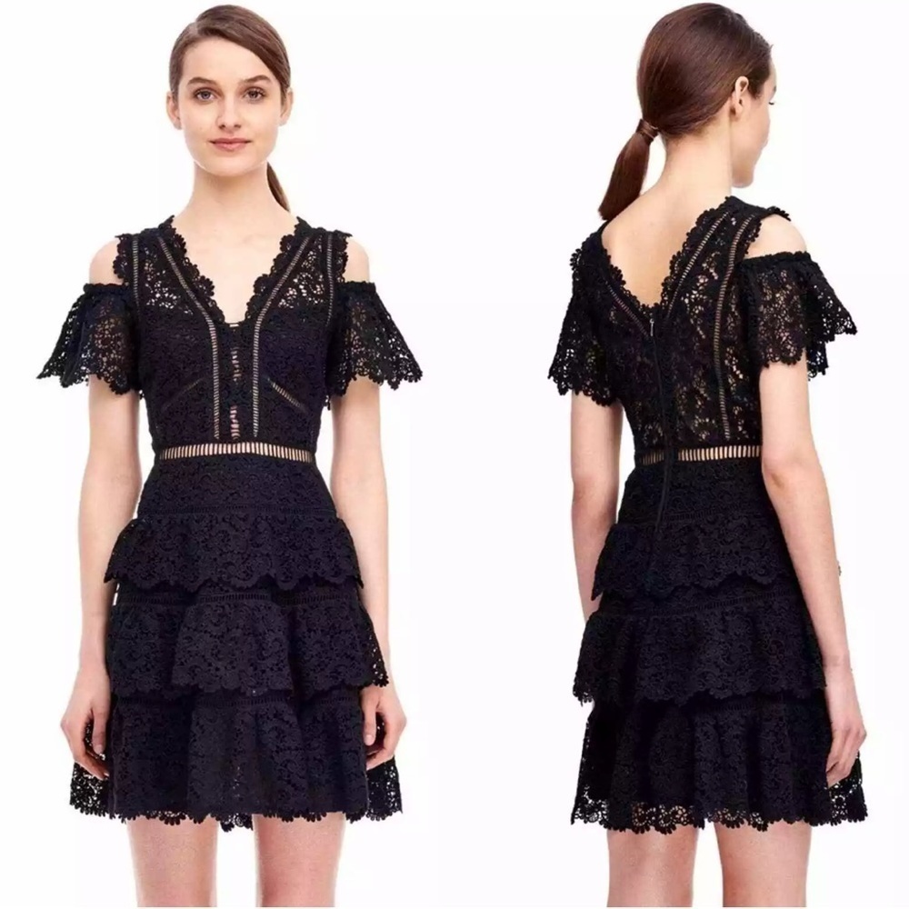 REBECCA TAYLOR Black Eliza Cold-Shoulder Silk Cotton Lace Crochet Dress NWT Sz 0